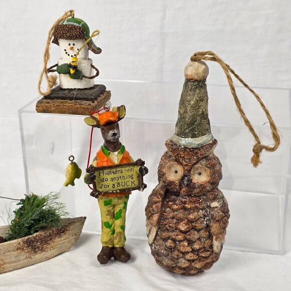 Rustic Cabin Christmas Ornaments Lot Deer Owl Canoe Set - Picture 6 of 8